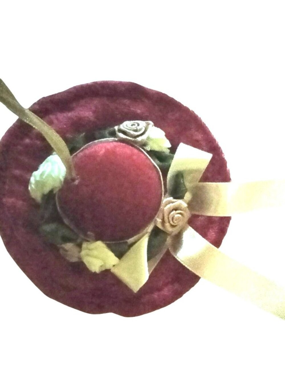 Red Hat Ornament Velvet Satin Ribbon Floral  Miniature 4 inch